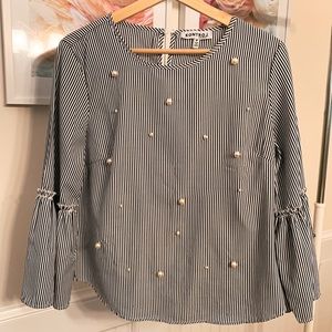 Blue and white striped blouse with white pearls